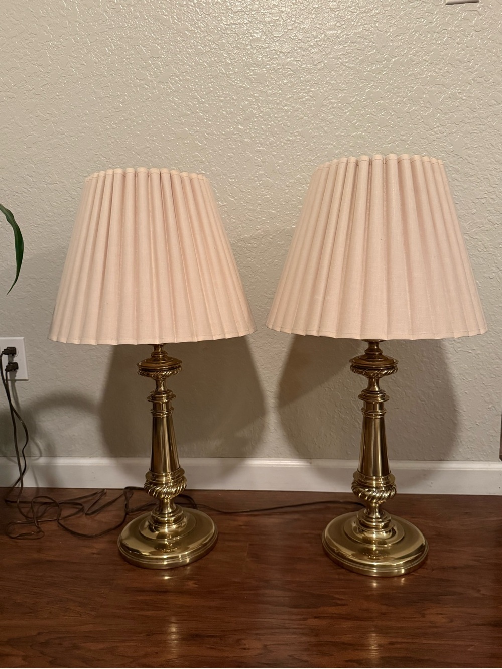 Vintage Stiffel Hollywood Regency Solid Brass Table Lamps w/ Orig Shade – a Pair